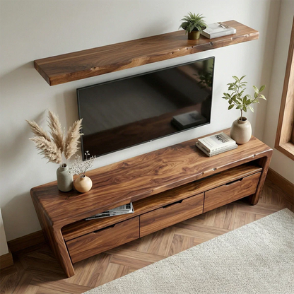 Handcrafted Solid Wood TV Stand with Rounded Frame and Hidden Drawer Storage - Elitegemse