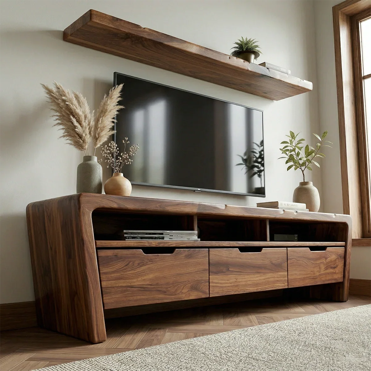 Handcrafted Solid Wood TV Stand with Rounded Frame and Hidden Drawer Storage - Elitegemse