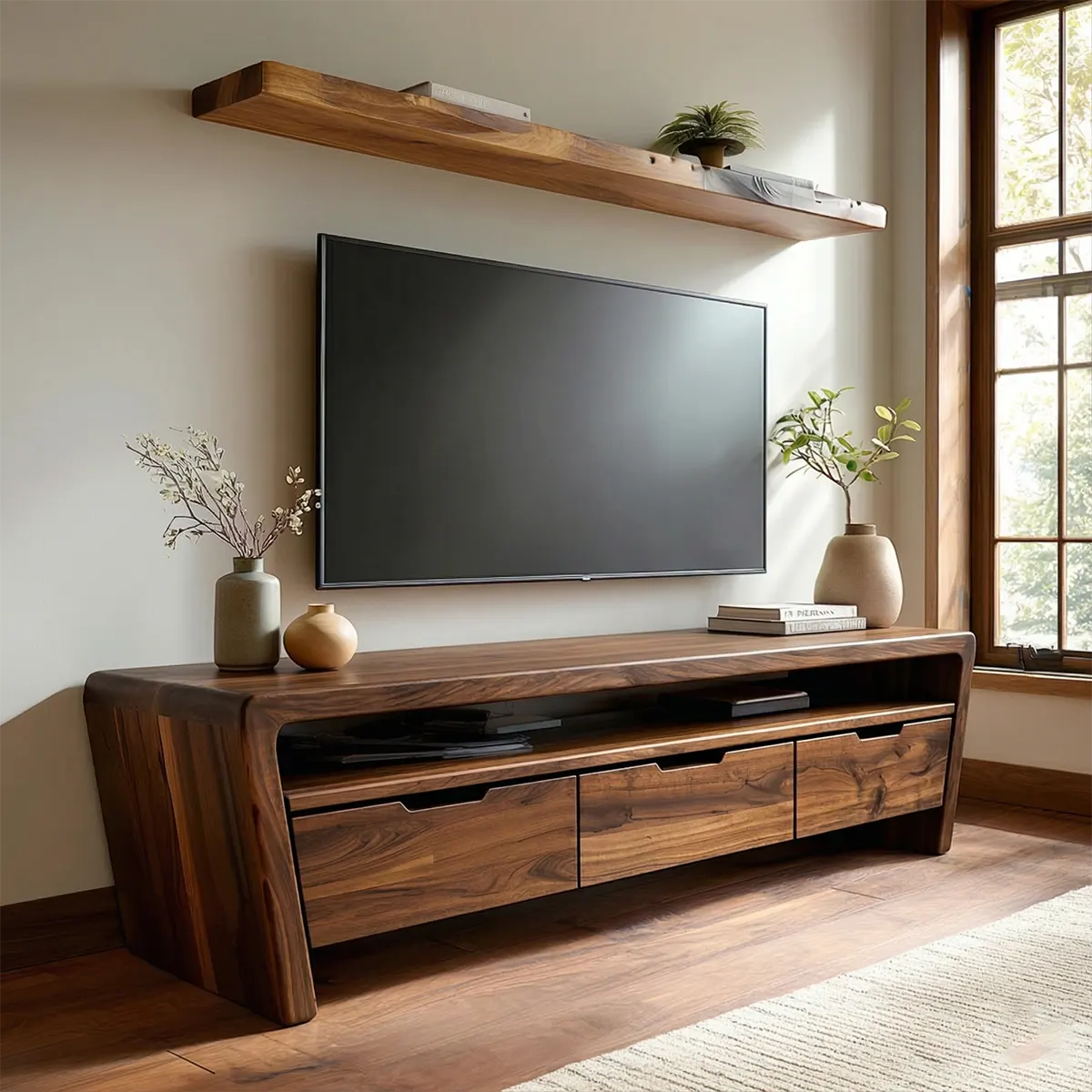 Handcrafted Solid Wood TV Stand with Rounded Frame and Hidden Drawer Storage - Elitegemse