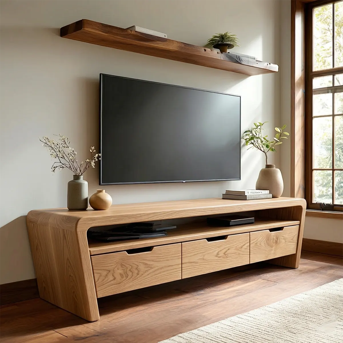Handcrafted Solid Wood TV Stand with Rounded Frame and Hidden Drawer Storage - Elitegemse