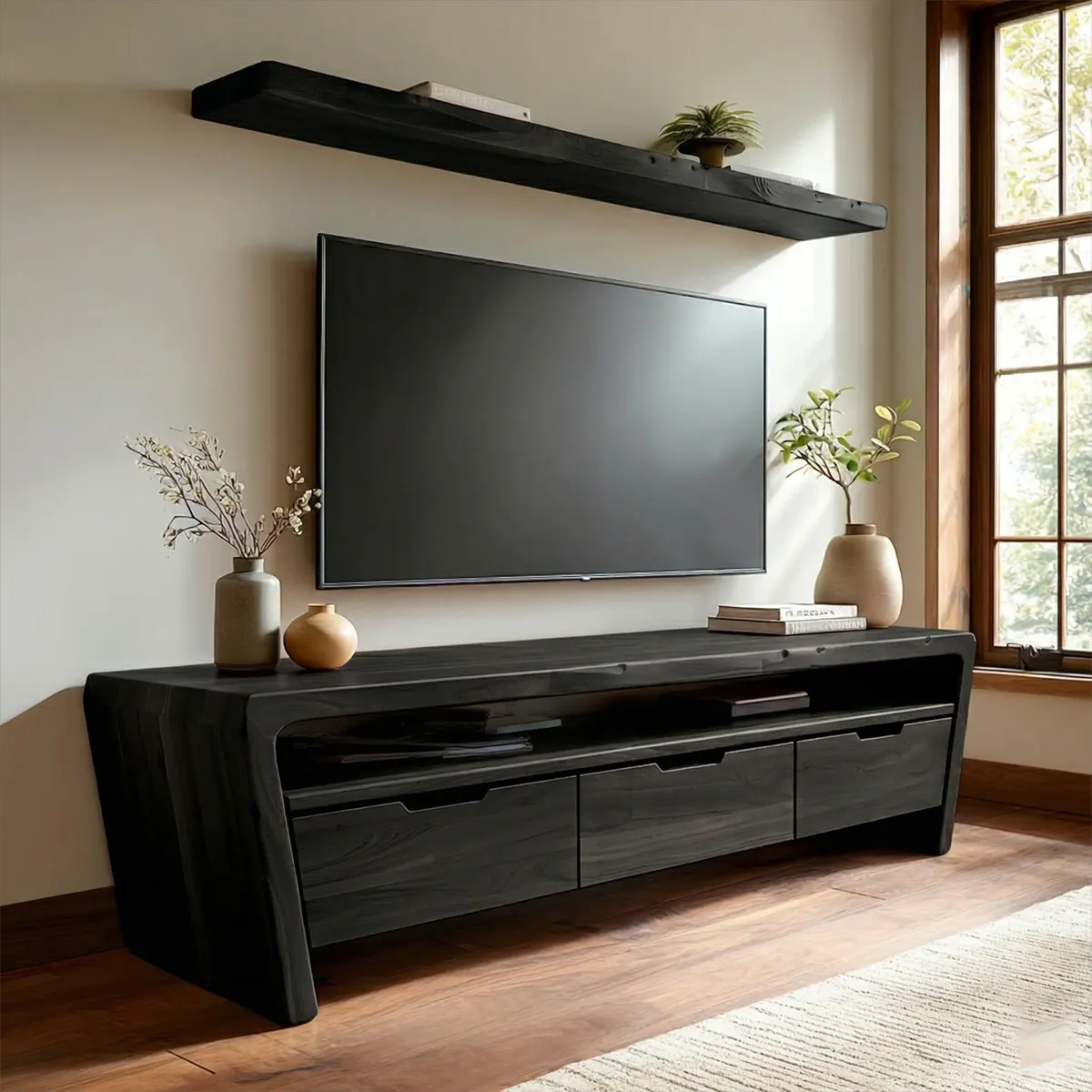 Handcrafted Solid Wood TV Stand with Rounded Frame and Hidden Drawer Storage - Elitegemse