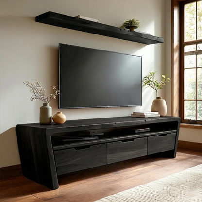 Handcrafted Solid Wood TV Stand with Rounded Frame and Hidden Drawer Storage - Elitegemse