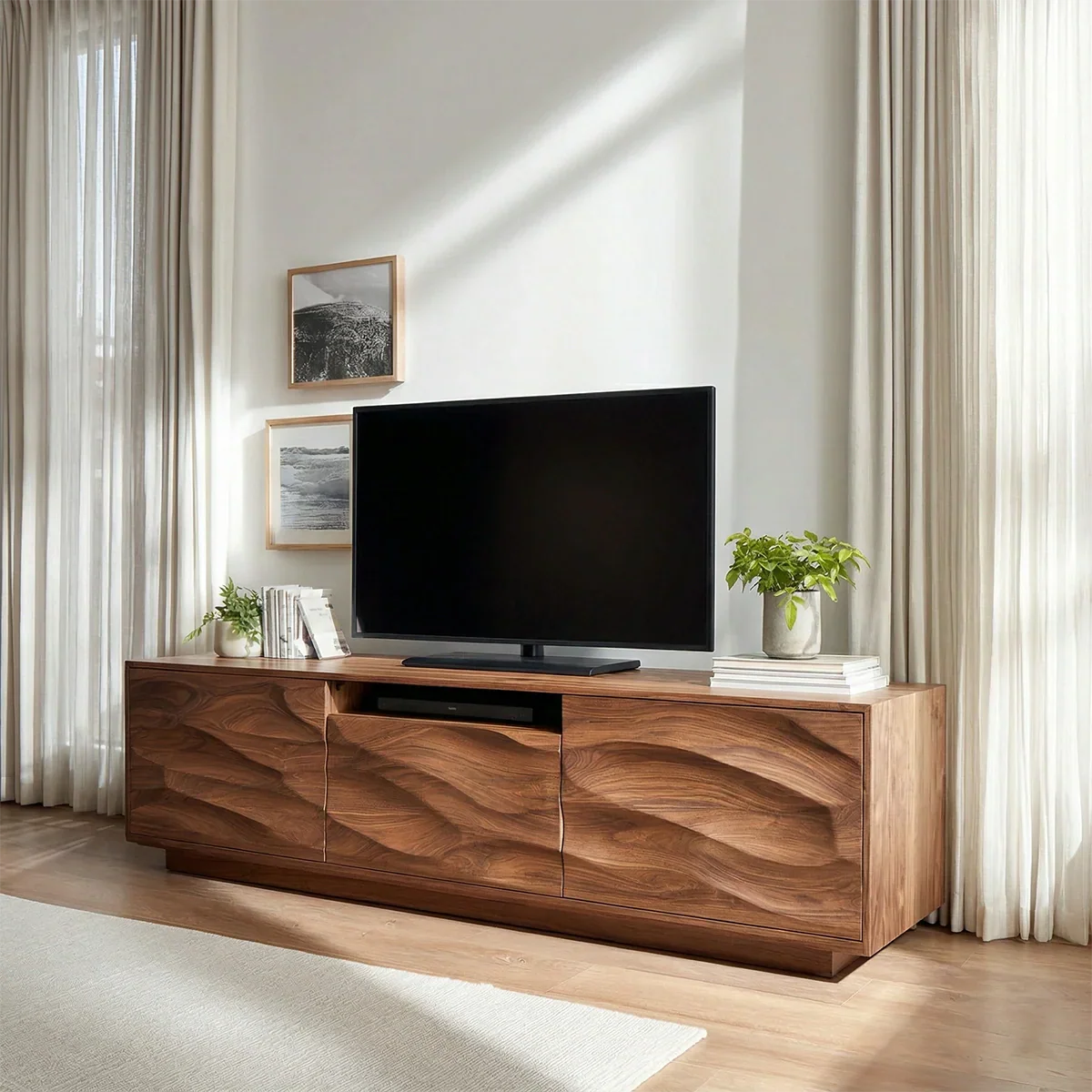 Handcrafted Solid Wood TV Stand with Sculpted Wave Cabinets and Center Media Storage - Elitegemse