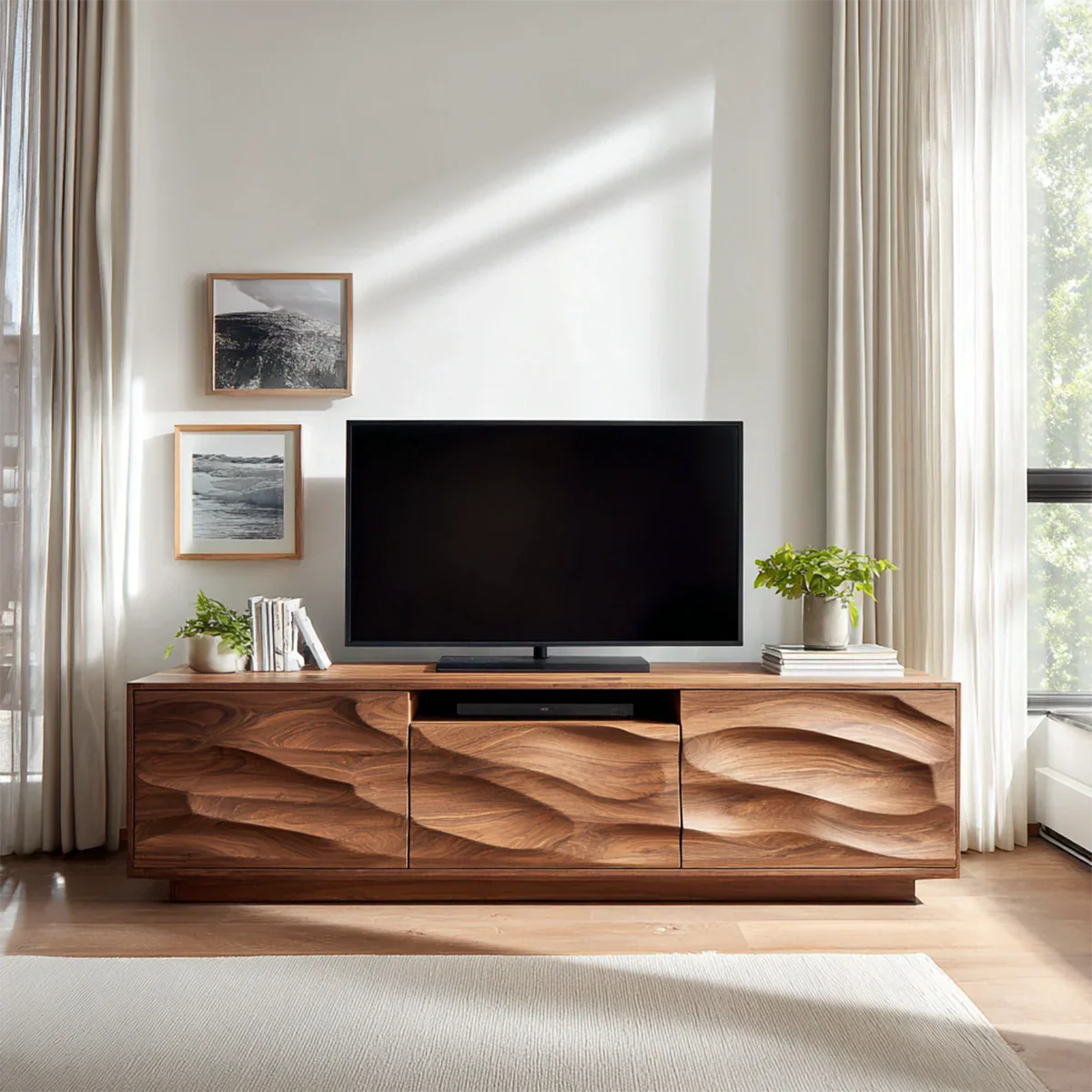 Handcrafted Solid Wood TV Stand with Sculpted Wave Cabinets and Center Media Storage - Elitegemse