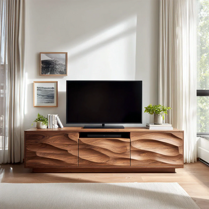 Handcrafted Solid Wood TV Stand with Sculpted Wave Cabinets and Center Media Storage - Elitegemse