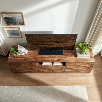 Handcrafted Solid Wood TV Stand with Sculpted Wave Cabinets and Center Media Storage - Elitegemse