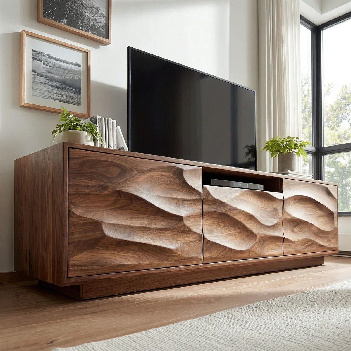 Handcrafted Solid Wood TV Stand with Sculpted Wave Cabinets and Center Media Storage - Elitegemse