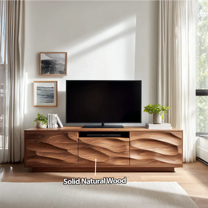 Handcrafted Solid Wood TV Stand with Sculpted Wave Cabinets and Center Media Storage - Elitegemse