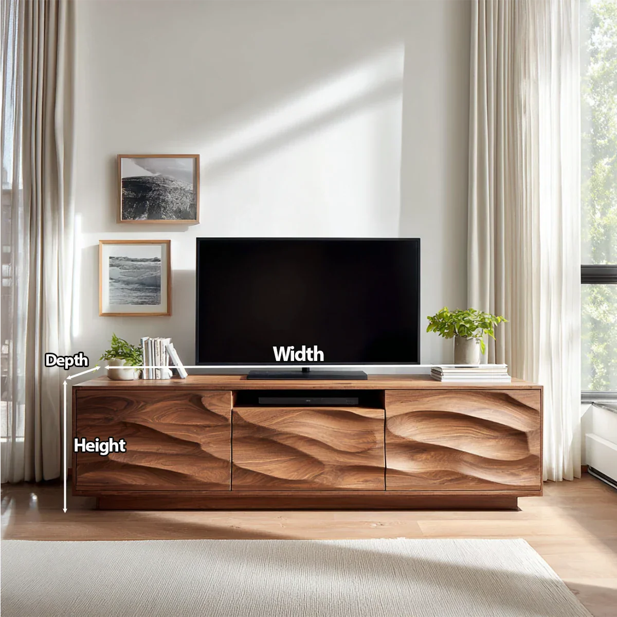 Handcrafted Solid Wood TV Stand with Sculpted Wave Cabinets and Center Media Storage - Elitegemse
