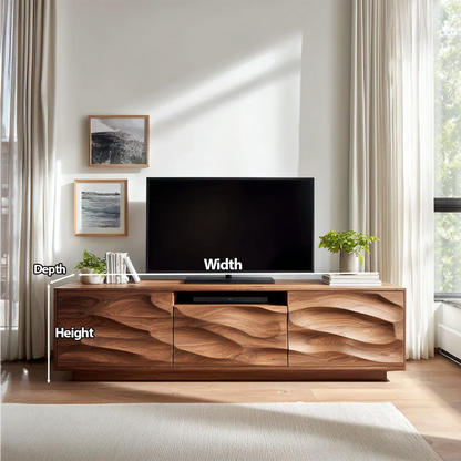 Handcrafted Solid Wood TV Stand with Sculpted Wave Cabinets and Center Media Storage - Elitegemse