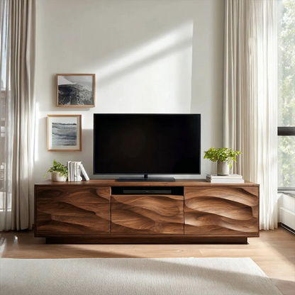 Handcrafted Solid Wood TV Stand with Sculpted Wave Cabinets and Center Media Storage - Elitegemse