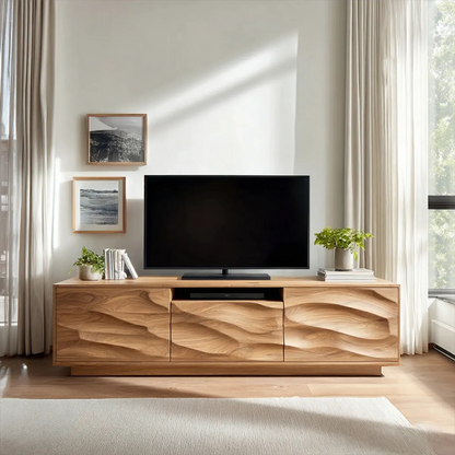 Handcrafted Solid Wood TV Stand with Sculpted Wave Cabinets and Center Media Storage - Elitegemse