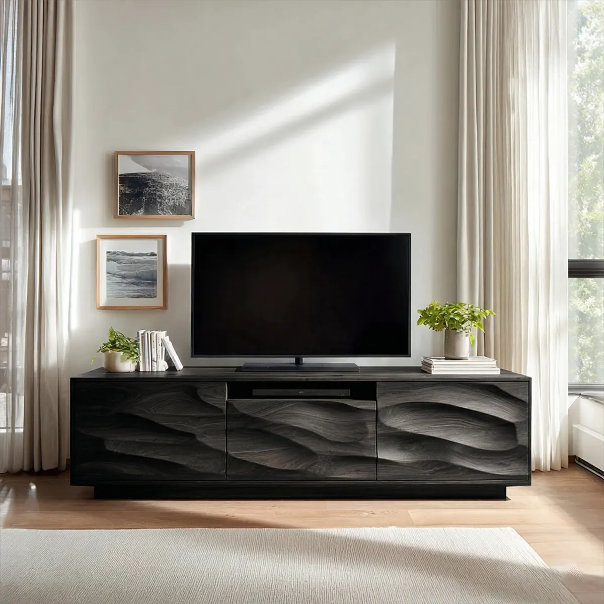 Handcrafted Solid Wood TV Stand with Sculpted Wave Cabinets and Center Media Storage - Elitegemse