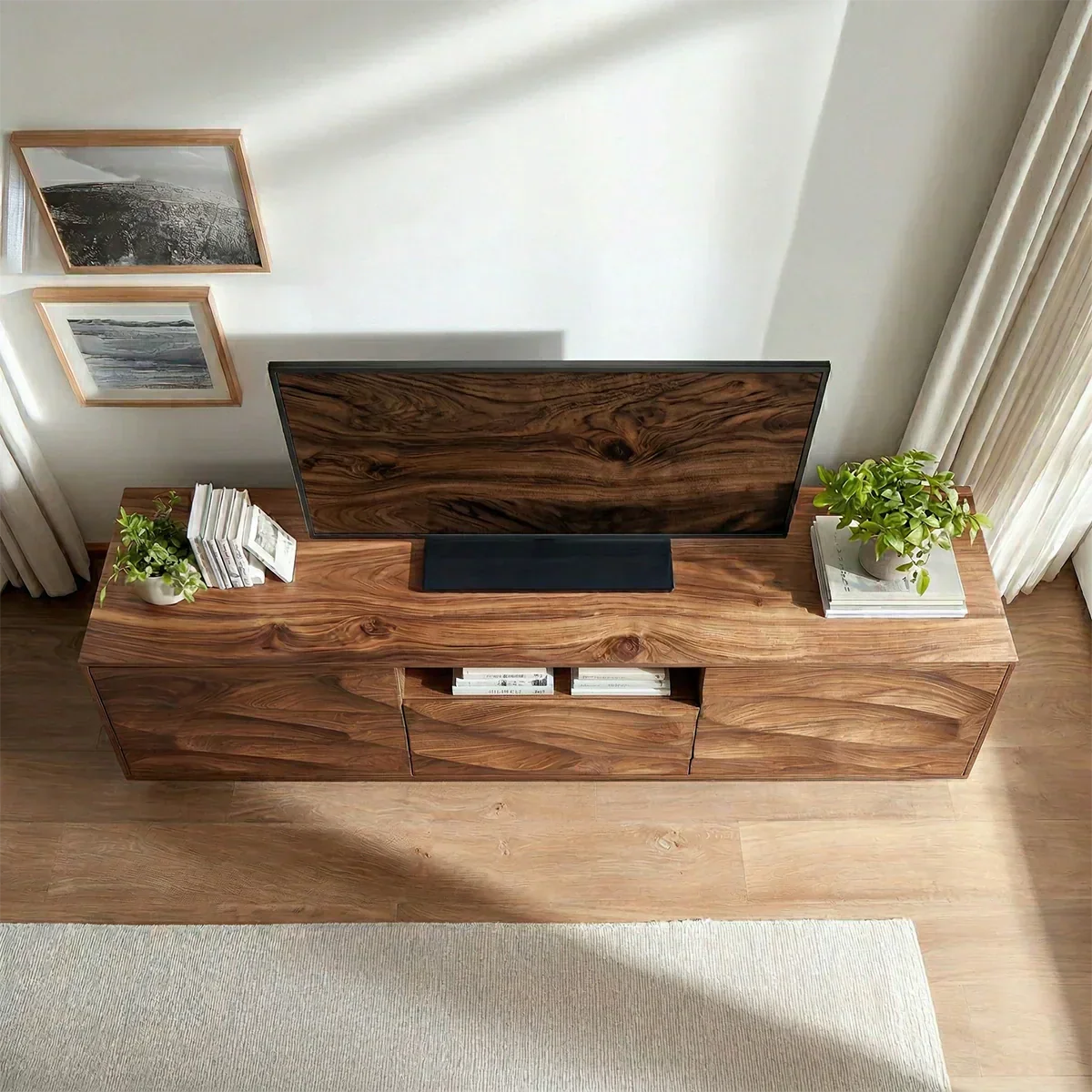 Handcrafted Solid Wood TV Stand with Sculpted Wave Cabinets and Center Media Storage - Woodenecho