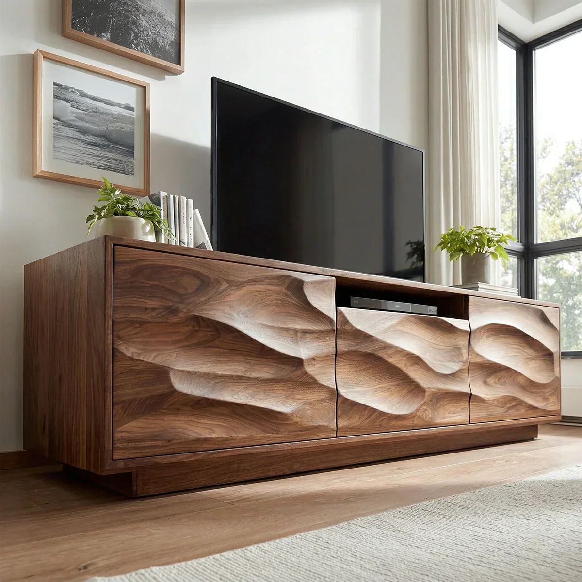 Handcrafted Solid Wood TV Stand with Sculpted Wave Cabinets and Center Media Storage - Woodenecho