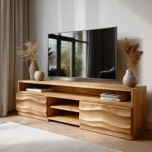 Handcrafted Solid Wood TV Stand with Sculpted Wave Cabinets and Layered Open Shelving - Elitegemse
