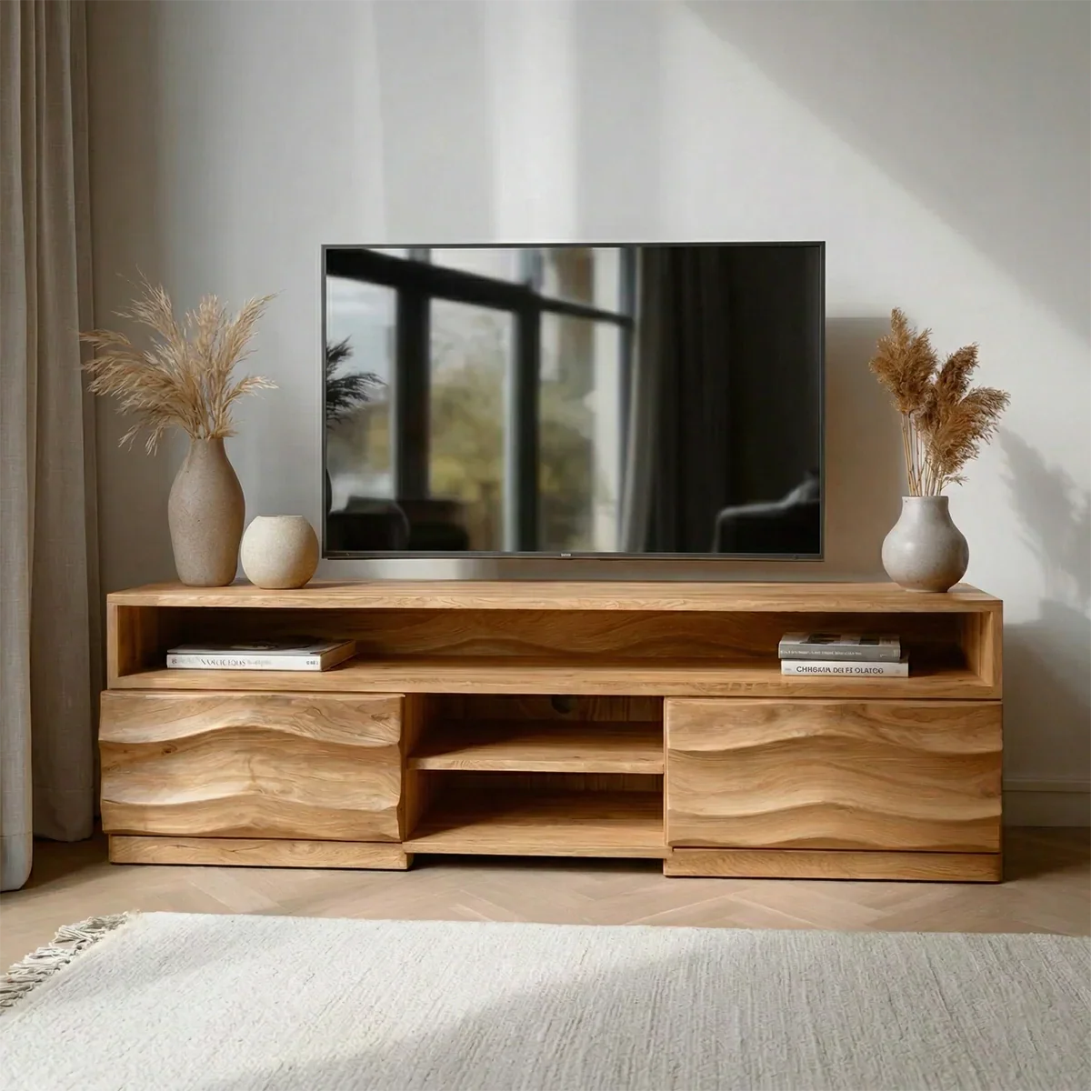 Handcrafted Solid Wood TV Stand with Sculpted Wave Cabinets and Layered Open Shelving - Elitegemse