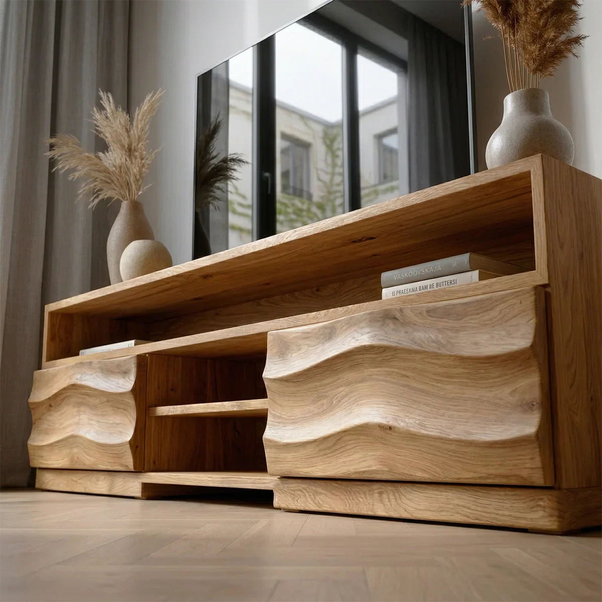 Handcrafted Solid Wood TV Stand with Sculpted Wave Cabinets and Layered Open Shelving - Elitegemse