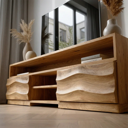 Handcrafted Solid Wood TV Stand with Sculpted Wave Cabinets and Layered Open Shelving - Elitegemse