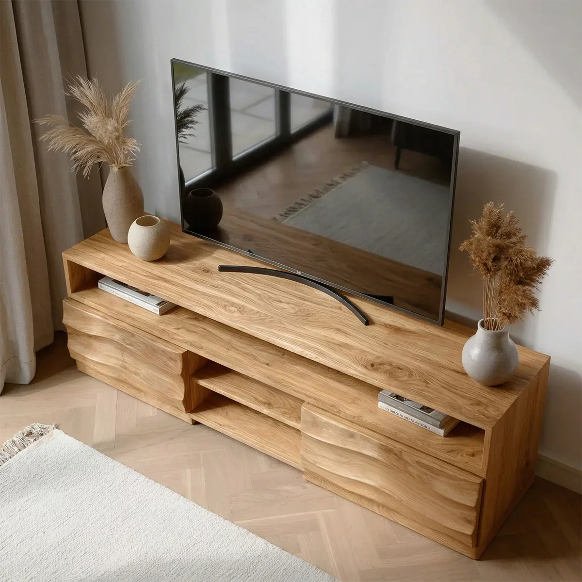 Handcrafted Solid Wood TV Stand with Sculpted Wave Cabinets and Layered Open Shelving - Elitegemse