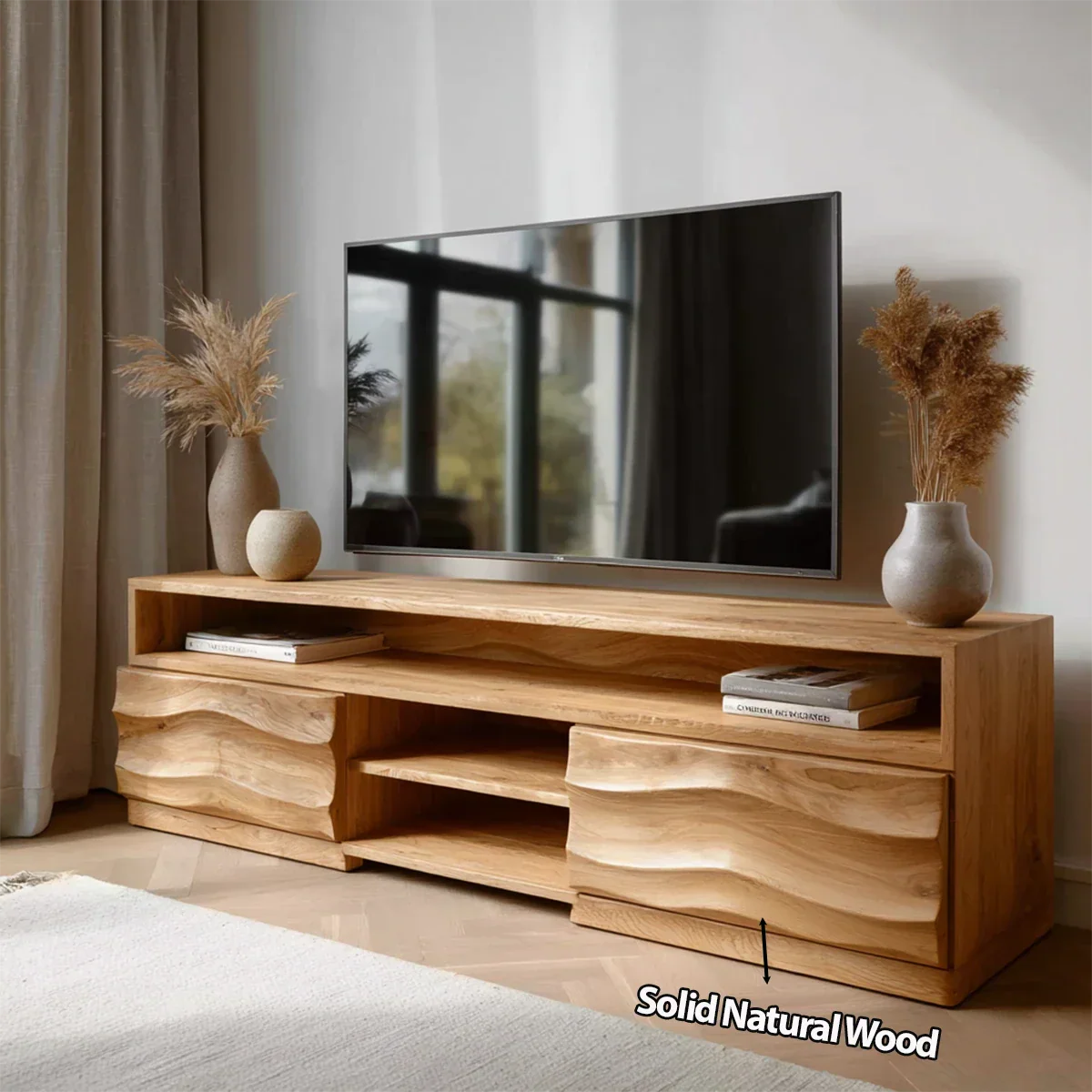Handcrafted Solid Wood TV Stand with Sculpted Wave Cabinets and Layered Open Shelving - Elitegemse