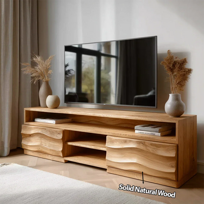 Handcrafted Solid Wood TV Stand with Sculpted Wave Cabinets and Layered Open Shelving - Elitegemse