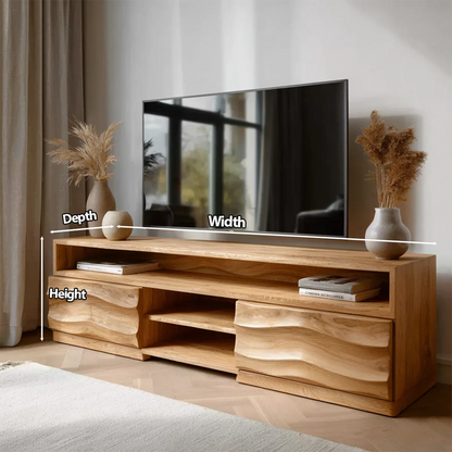 Handcrafted Solid Wood TV Stand with Sculpted Wave Cabinets and Layered Open Shelving - Elitegemse