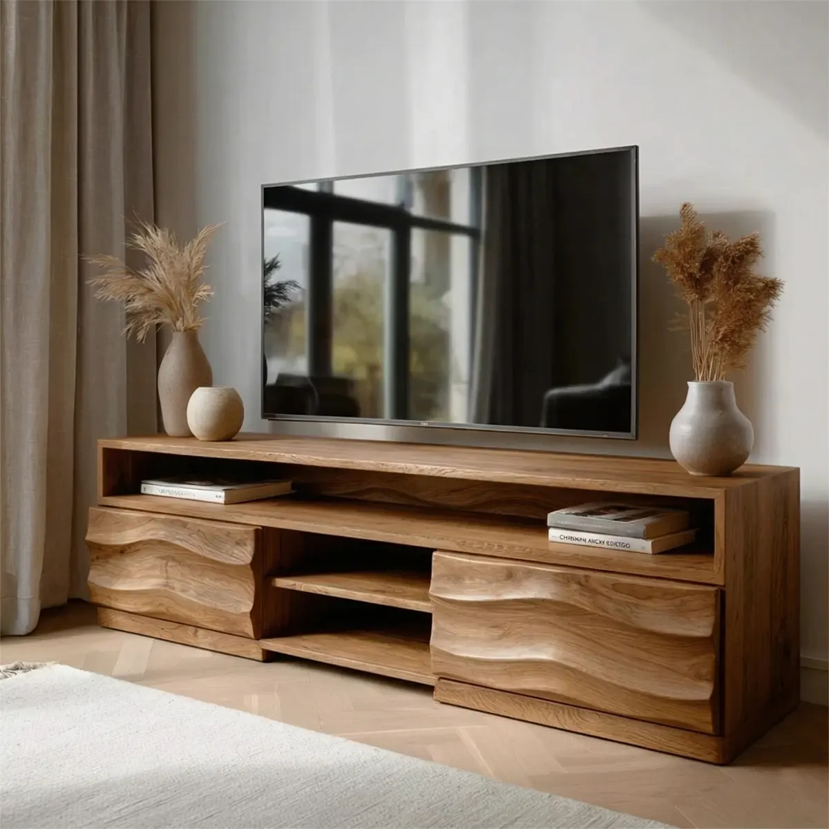 Handcrafted Solid Wood TV Stand with Sculpted Wave Cabinets and Layered Open Shelving - Elitegemse