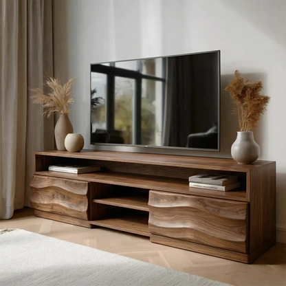 Handcrafted Solid Wood TV Stand with Sculpted Wave Cabinets and Layered Open Shelving - Elitegemse