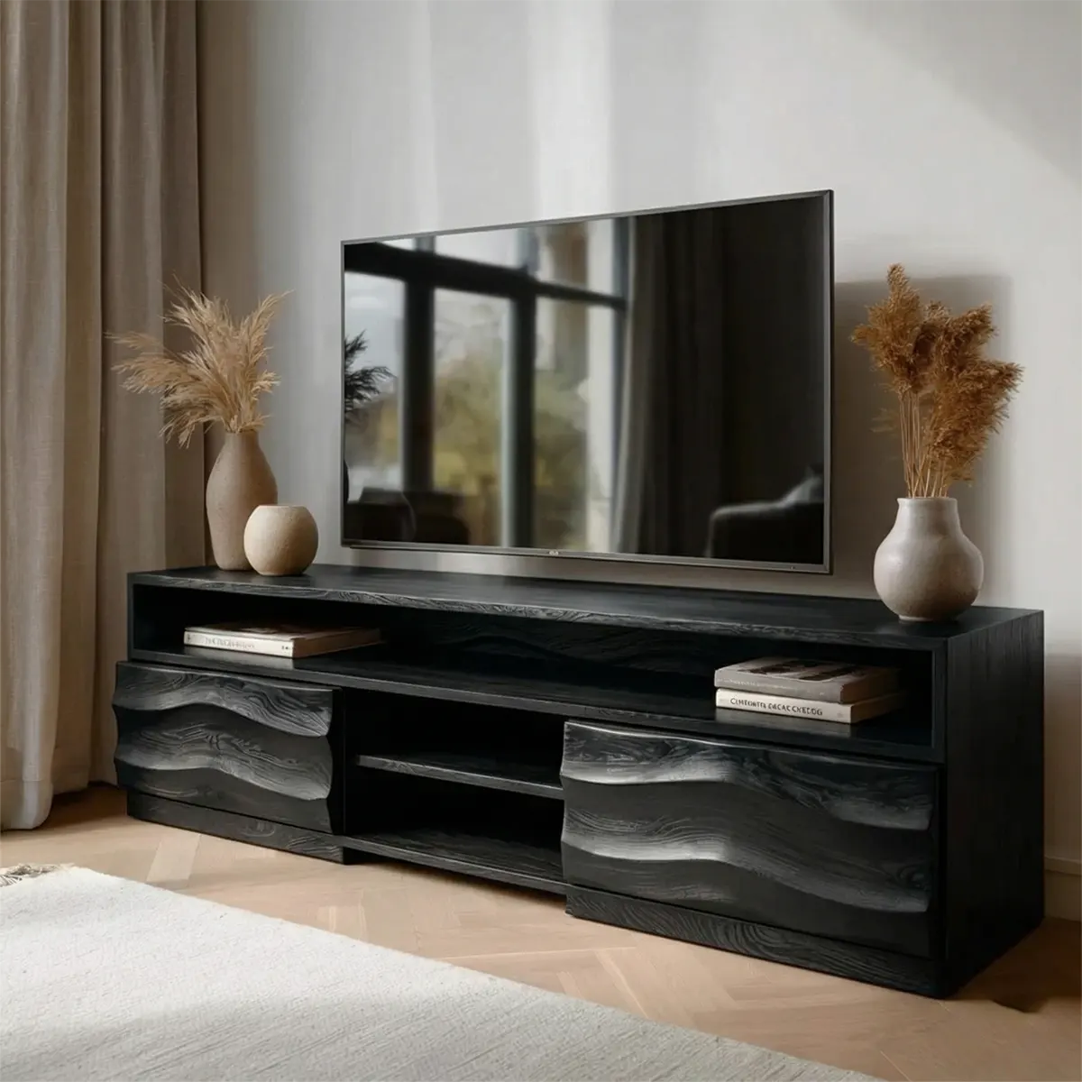 Handcrafted Solid Wood TV Stand with Sculpted Wave Cabinets and Layered Open Shelving - Elitegemse