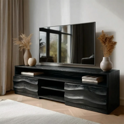 Handcrafted Solid Wood TV Stand with Sculpted Wave Cabinets and Layered Open Shelving - Elitegemse