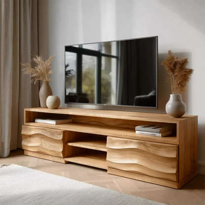 Handcrafted Solid Wood TV Stand with Sculpted Wave Cabinets and Layered Open Shelving - Woodenecho
