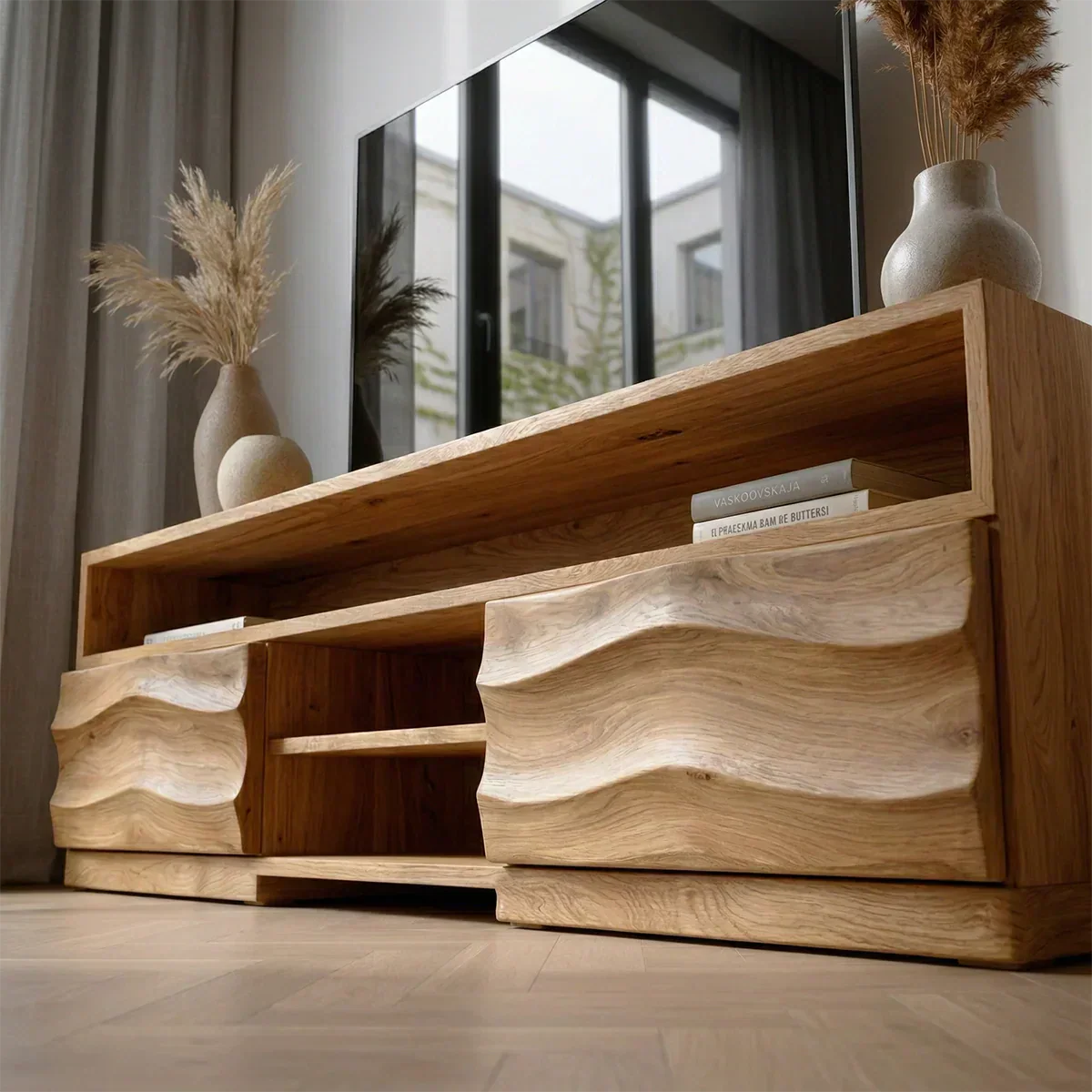 Handcrafted Solid Wood TV Stand with Sculpted Wave Cabinets and Layered Open Shelving - Woodenecho
