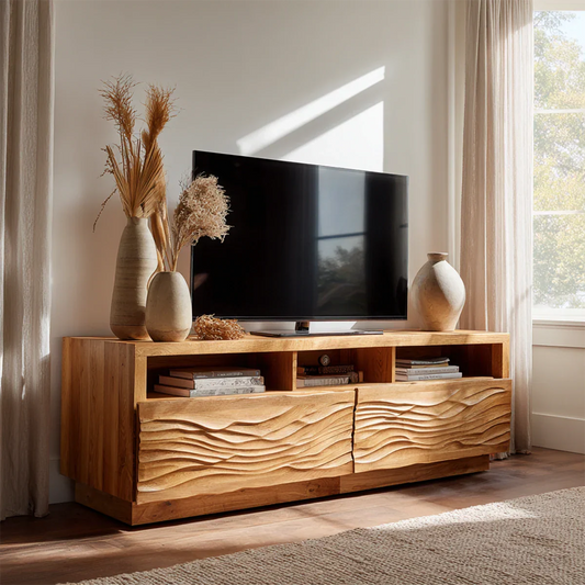 Handcrafted Solid Wood TV Stand with Sculpted Wave Doors and Open Media Compartments - Elitegemse