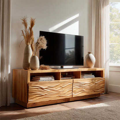 Handcrafted Solid Wood TV Stand with Sculpted Wave Doors and Open Media Compartments - Woodenecho