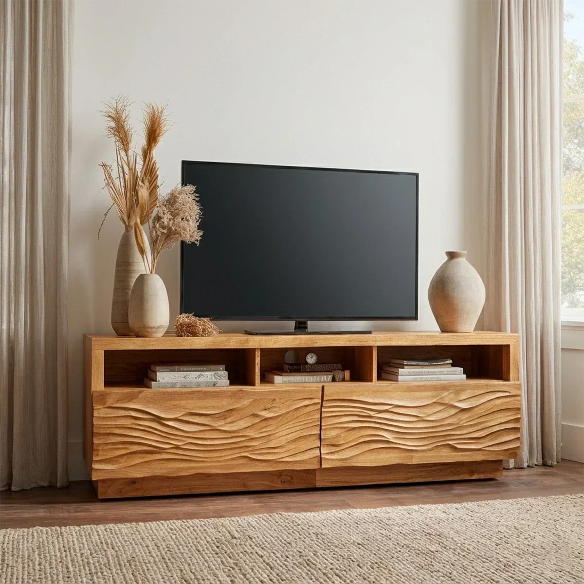 Handcrafted Solid Wood TV Stand with Sculpted Wave Doors and Open Media Compartments - Woodenecho