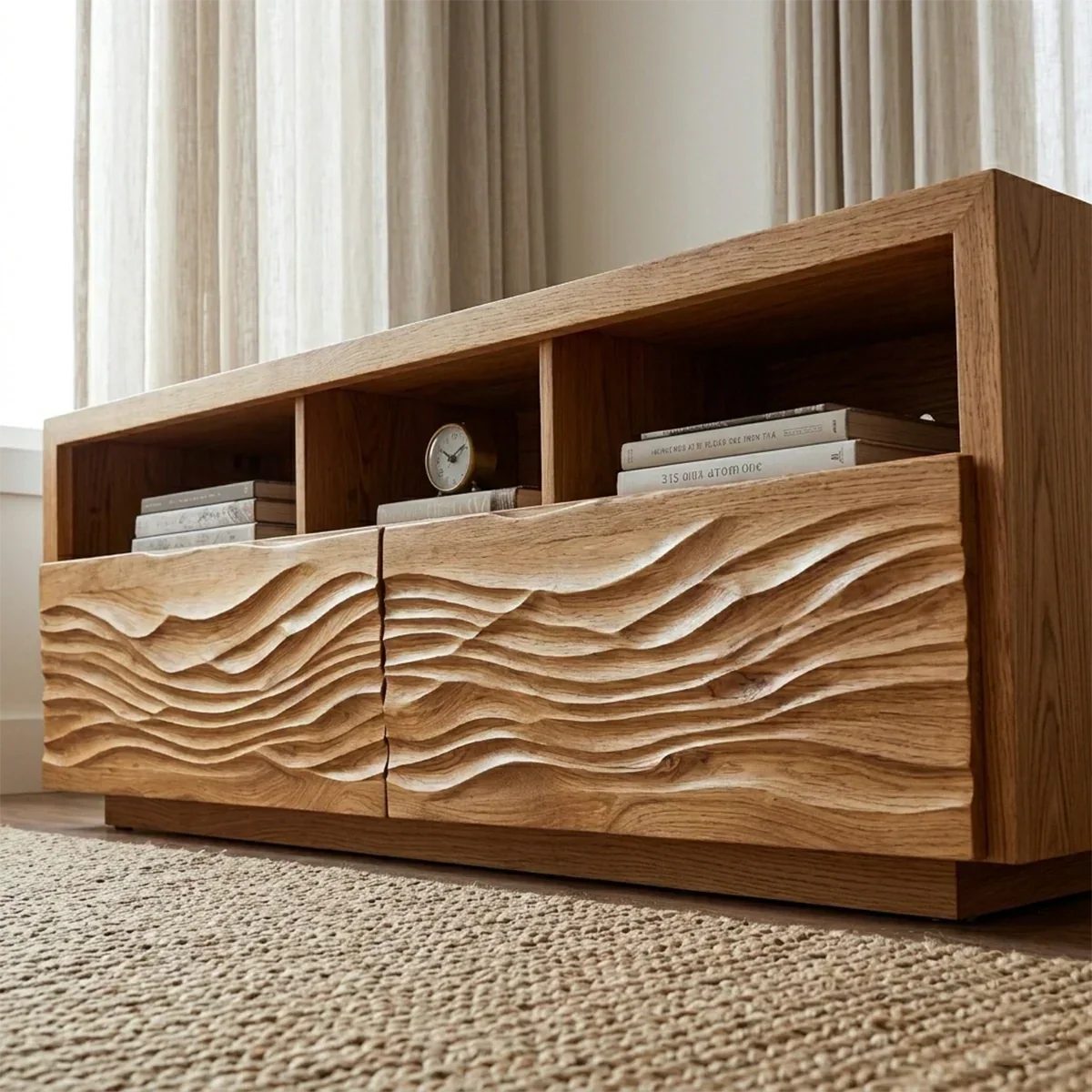 Handcrafted Solid Wood TV Stand with Sculpted Wave Doors and Open Media Compartments - Woodenecho