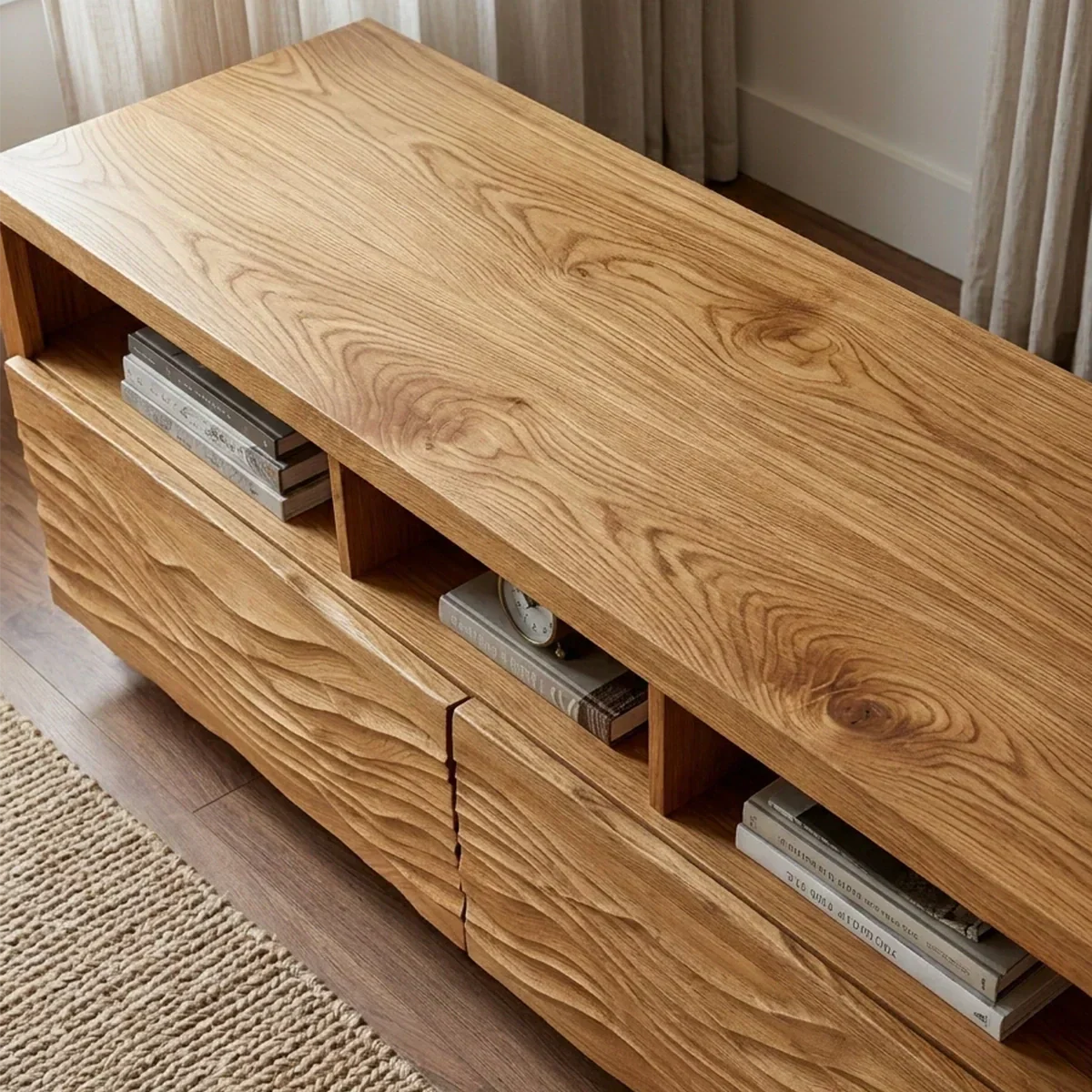 Handcrafted Solid Wood TV Stand with Sculpted Wave Doors and Open Media Compartments - Woodenecho