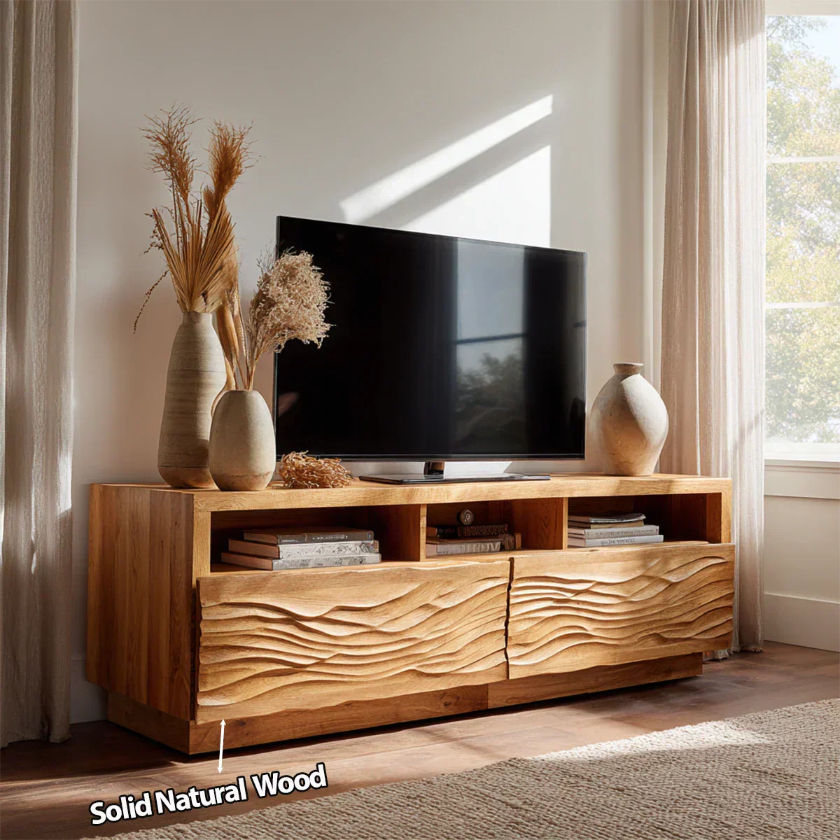 Handcrafted Solid Wood TV Stand with Sculpted Wave Doors and Open Media Compartments - Woodenecho