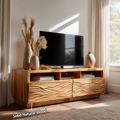 Handcrafted Solid Wood TV Stand with Sculpted Wave Doors and Open Media Compartments - Woodenecho