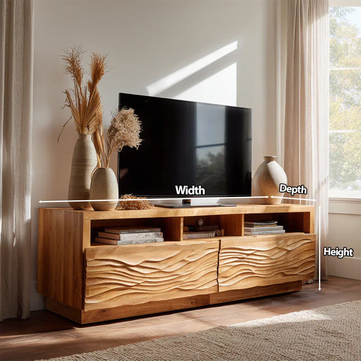 Handcrafted Solid Wood TV Stand with Sculpted Wave Doors and Open Media Compartments - Woodenecho