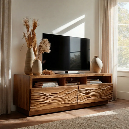 Handcrafted Solid Wood TV Stand with Sculpted Wave Doors and Open Media Compartments - Woodenecho