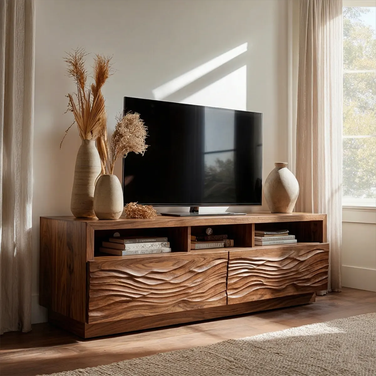 Handcrafted Solid Wood TV Stand with Sculpted Wave Doors and Open Media Compartments - Woodenecho