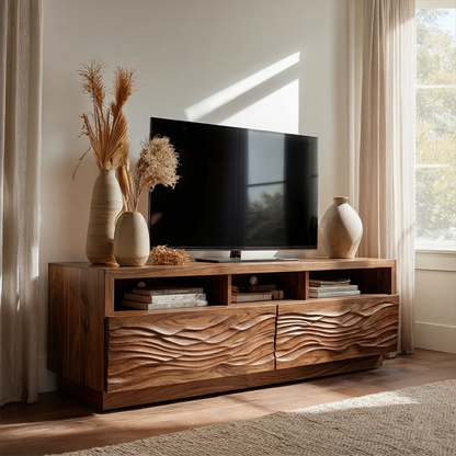 Handcrafted Solid Wood TV Stand with Sculpted Wave Doors and Open Media Compartments - Woodenecho