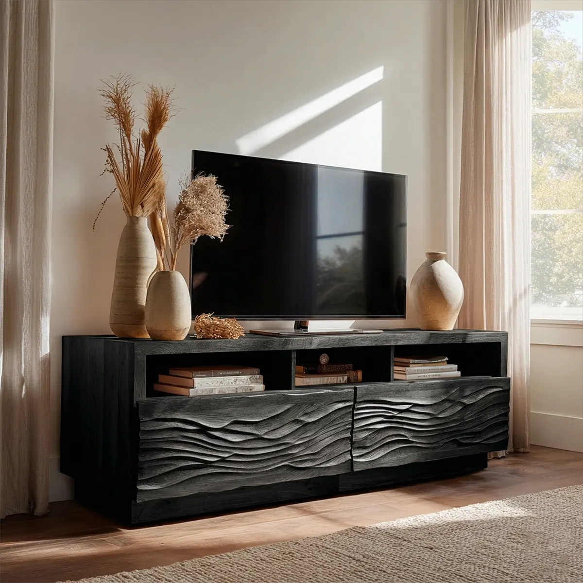 Handcrafted Solid Wood TV Stand with Sculpted Wave Doors and Open Media Compartments - Woodenecho