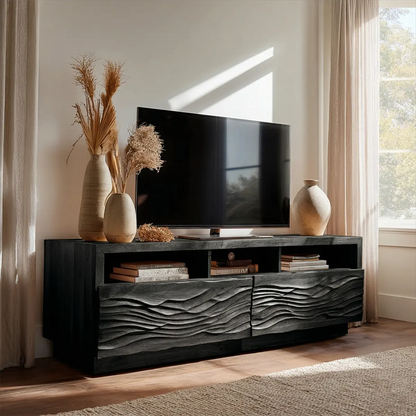 Handcrafted Solid Wood TV Stand with Sculpted Wave Doors and Open Media Compartments - Woodenecho