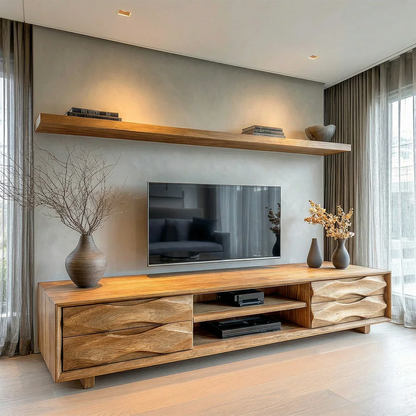 Handcrafted Solid Wood TV Stand with Sculpted Wave Drawers and Center Media Storage - Elitegemse