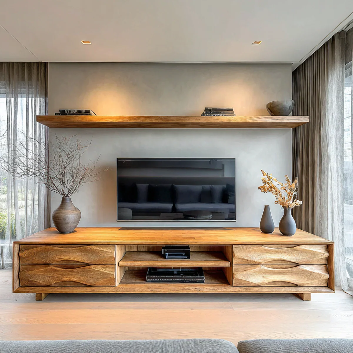 Handcrafted Solid Wood TV Stand with Sculpted Wave Drawers and Center Media Storage - Elitegemse