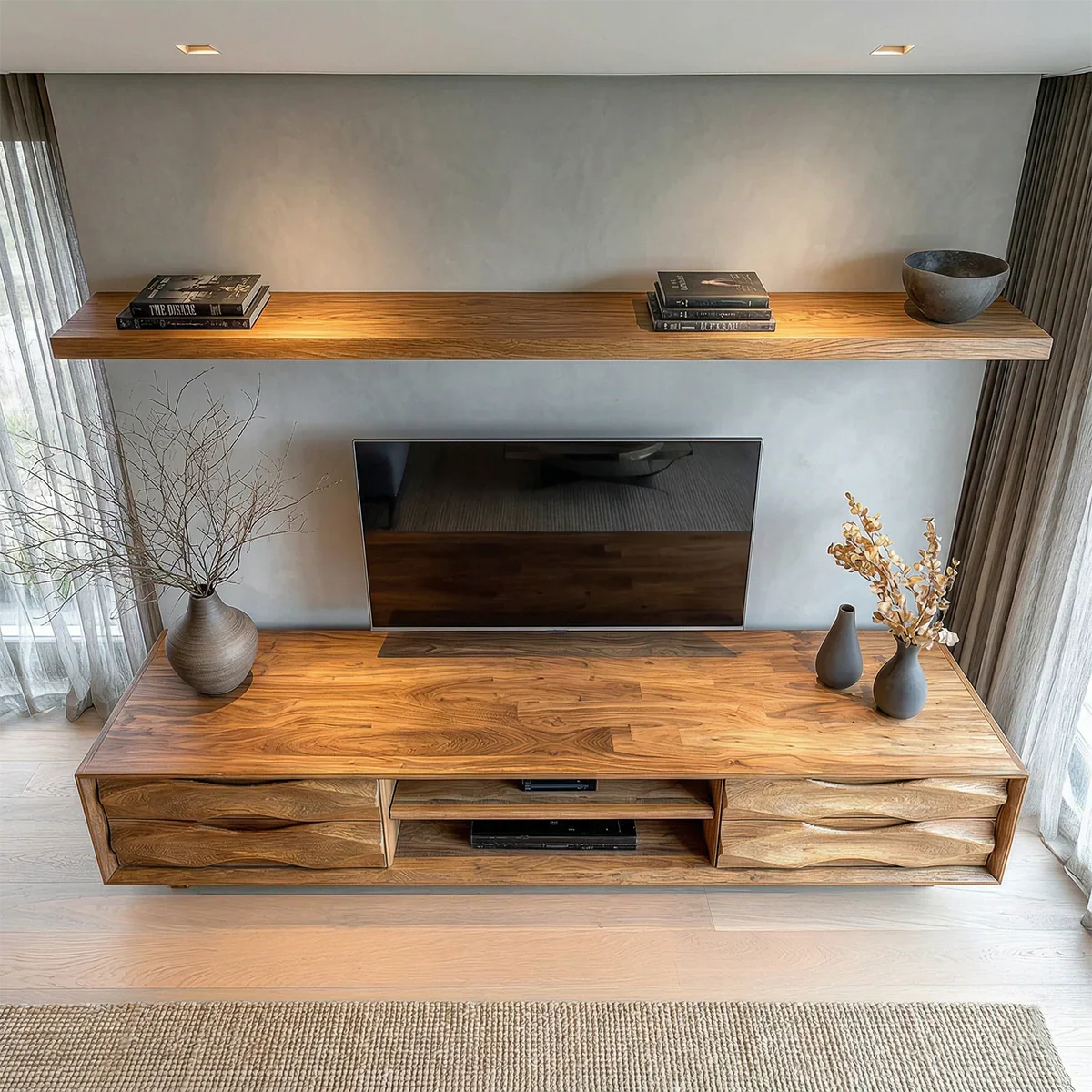 Handcrafted Solid Wood TV Stand with Sculpted Wave Drawers and Center Media Storage - Elitegemse