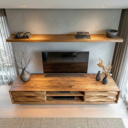Handcrafted Solid Wood TV Stand with Sculpted Wave Drawers and Center Media Storage - Elitegemse